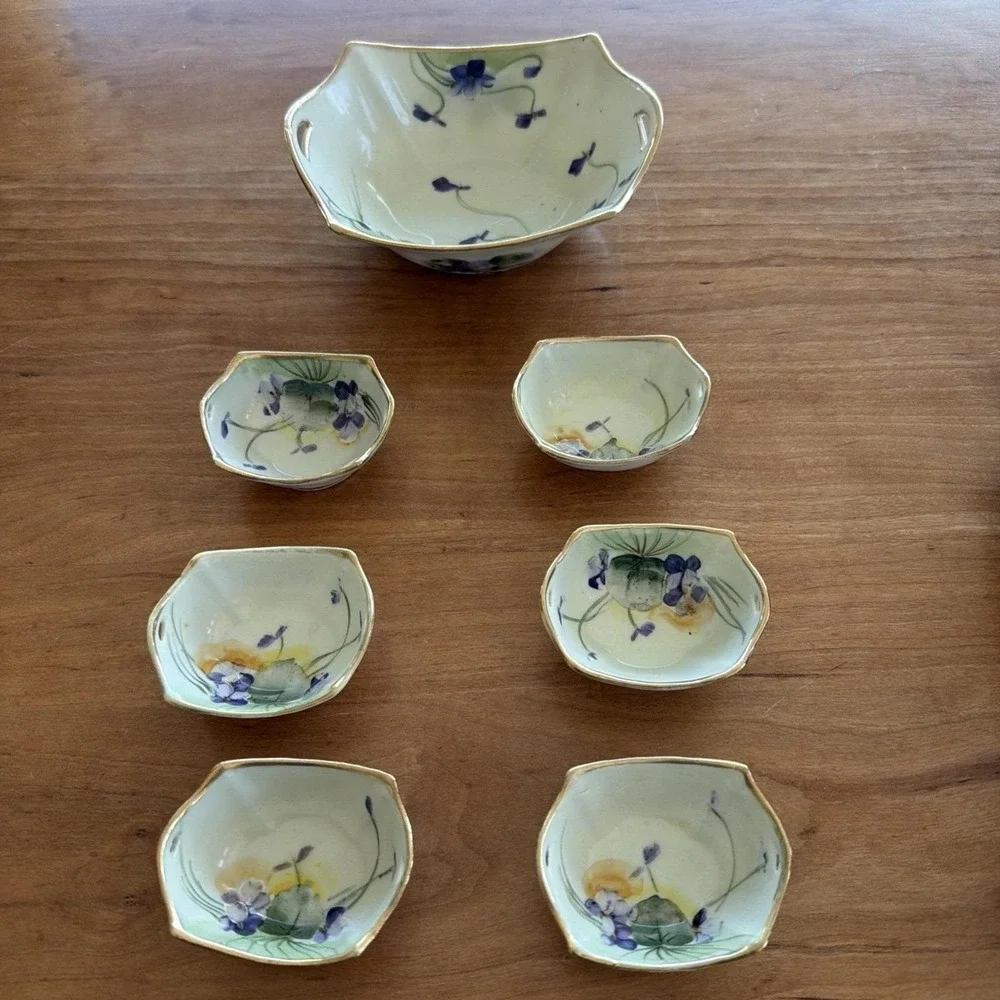Antique Nippon Hand Painted Berry Set 7 Pc Floral‎ Gilt Bowls SNB Japan